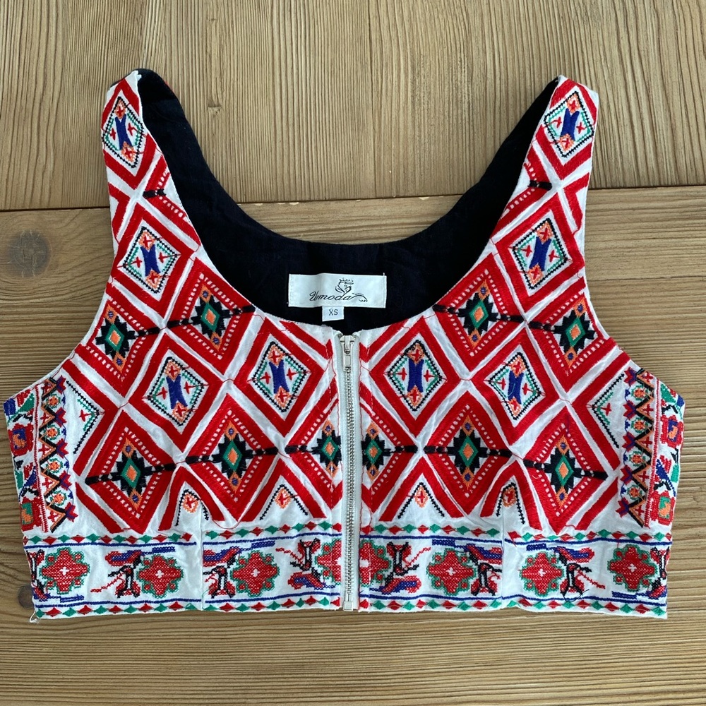 Urmoda Red and White Embellished Crop Tank Top